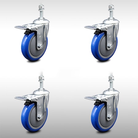 Service Caster 5 Inch SS Blue Polyurethane 3/8 Inch Threaded Stem Caster Set Total Lock Brake SCC-SSTSTTL20S514-PPUB-BLUE-381615-4